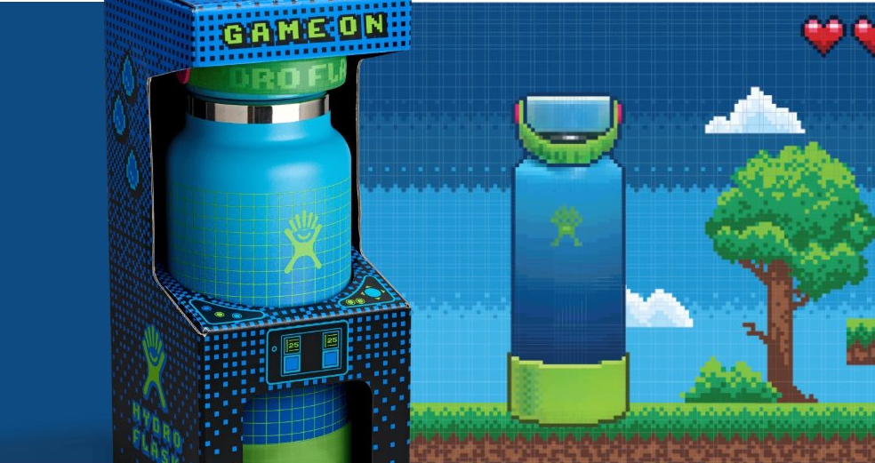 Game On 32 oz bottle with pixel art scene